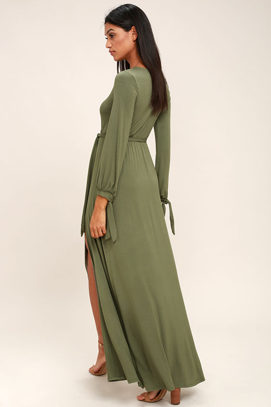 Olive green maxi dress long sleeve Clearance