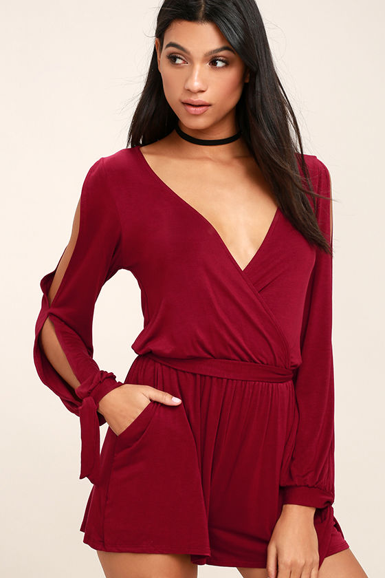 Cute Wine Red Romper - Cold Shoulder Romper - Long Sleeve Romper - $46. ...
