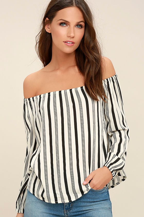 Billabong Mi Amore - Black and White Striped Top - Off-the-Shoulder Top ...