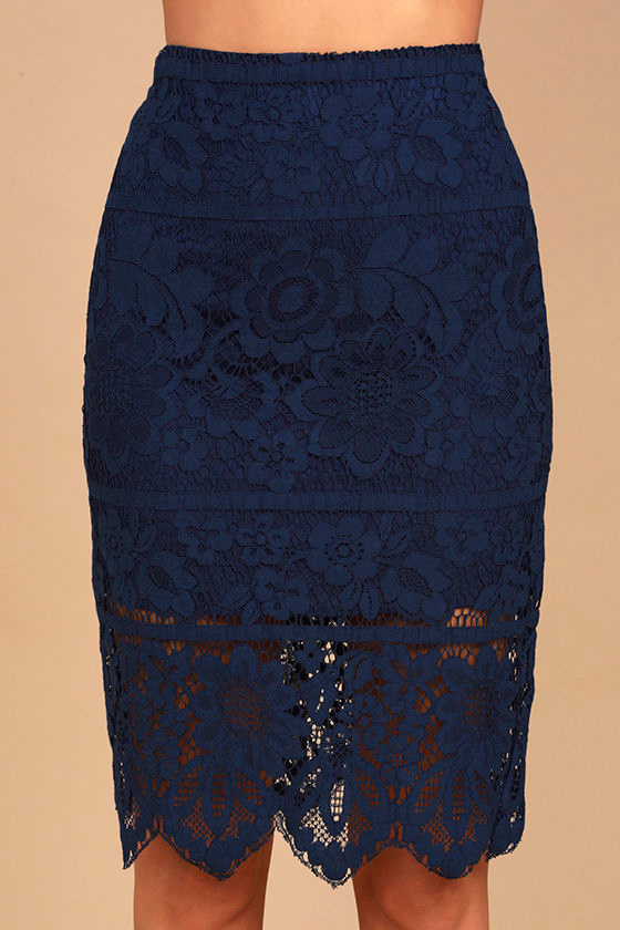 Lovely Navy Blue Lace Skirt Navy Blue Lace Midi Skirt High Waisted