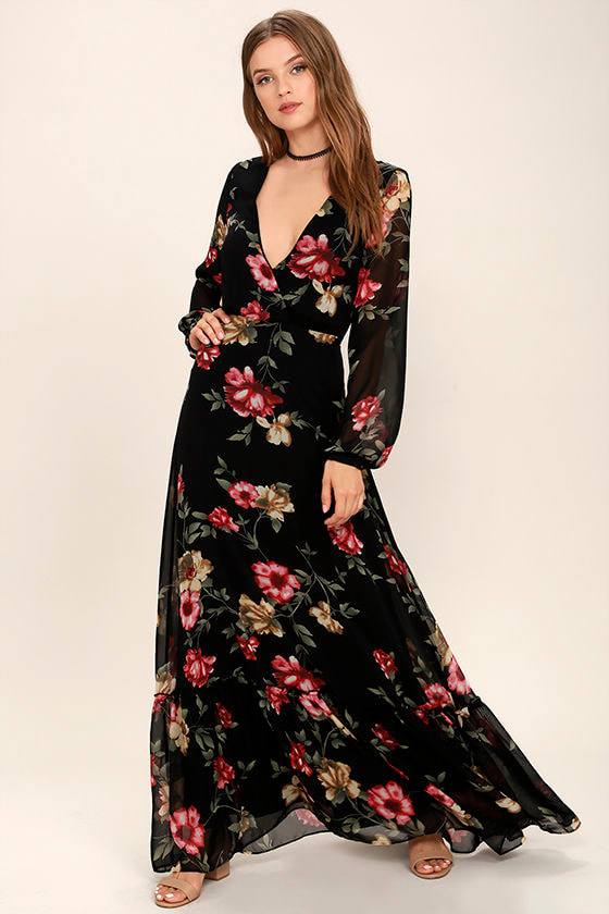 black floral long sleeve maxi dress