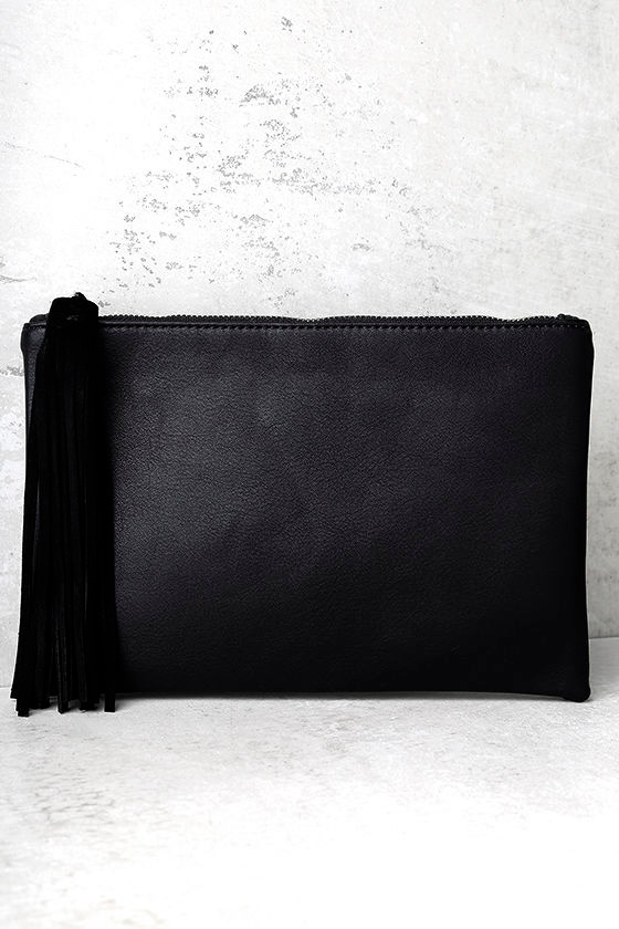 Chic Black Clutch Vegan Leather Clutch Tassel Clutch 29.00 Lulus