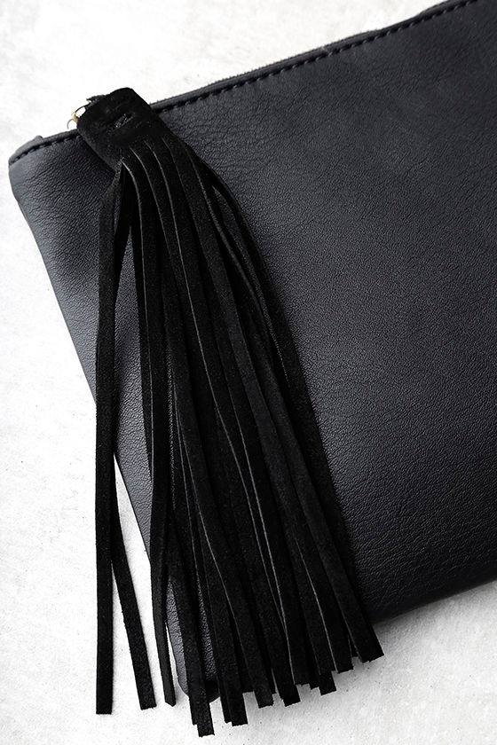 Chic Black Clutch Vegan Leather Clutch Tassel Clutch 29.00