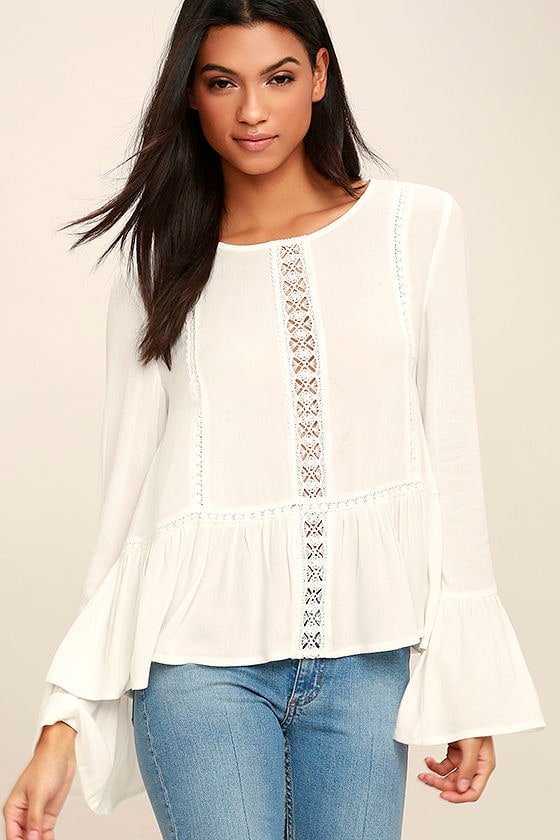 Lovely White Top - Long Sleeve Top - Lace Top - Peasant Top - Bell ...