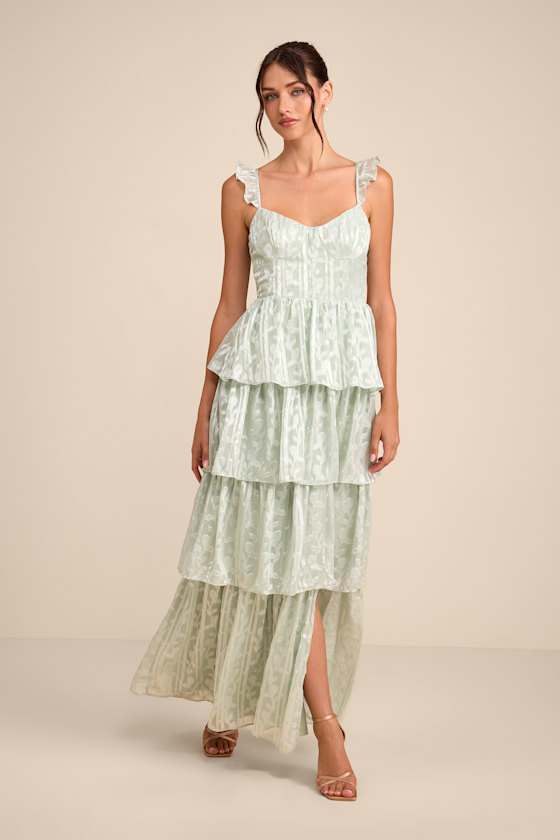 Stunning Glory Sage Green Floral Jacquard Tiered Maxi Dress