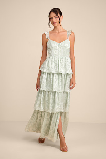 Stunning Glory Sage Green Floral Jacquard Tiered Maxi Dress 2