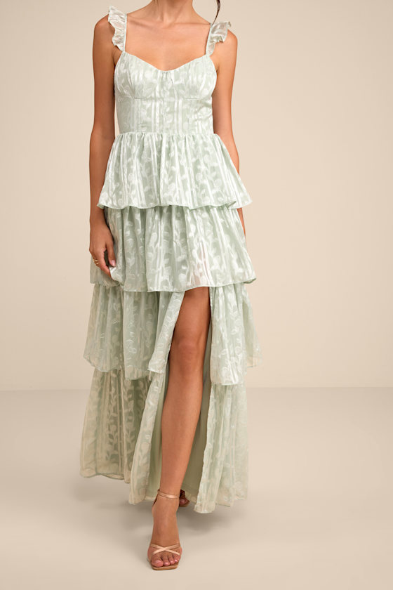 Sage Green Floral Dress - Bustier Maxi Dress - Tiered Dress - Image 2
