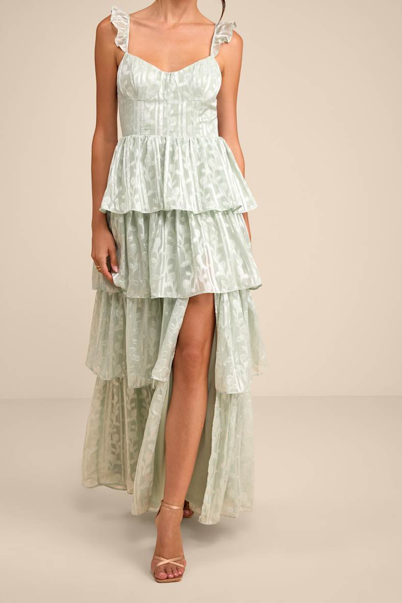 Stunning Glory Sage Green Floral Jacquard Tiered Maxi Dress