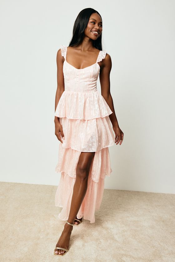 Pink Floral Jacquard Dress - Bustier Maxi Dress - Tiered Dress - Lulus