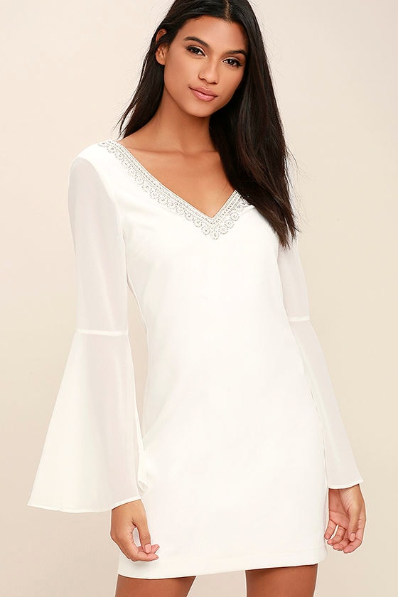 Stunning White Dress LWD Beaded Dress Bell Sleeve Dress 68.00