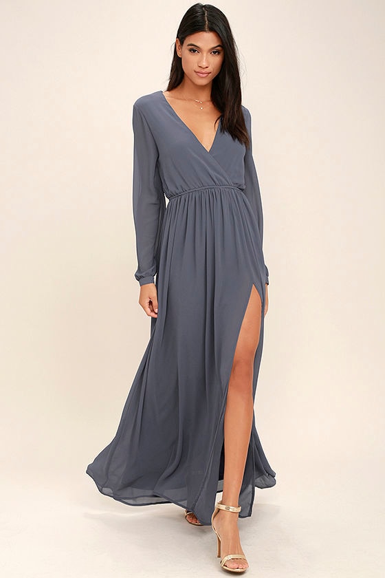 Lovely Slate Grey Dress Maxi Dress Long Sleeve Dress 7800 Lulus