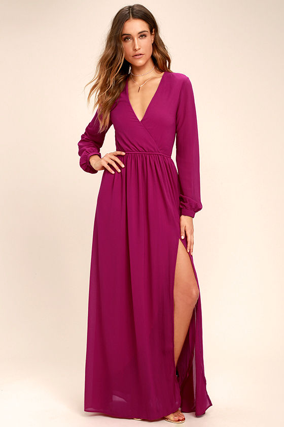 Lovely Magenta Dress Maxi Dress Long Sleeve Dress 78.00 Lulus