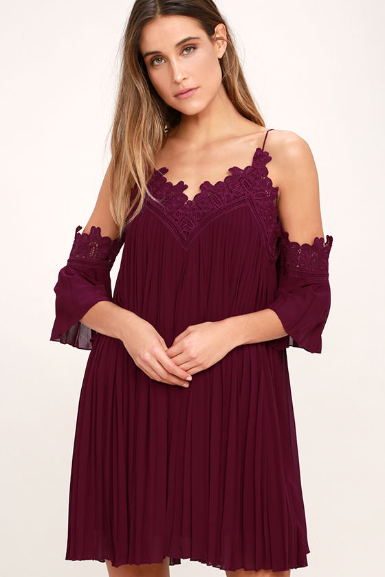 Lovely Burgundy Dress - Off-The-Shoulder Dress - Lace Dress - $68.00 ...
