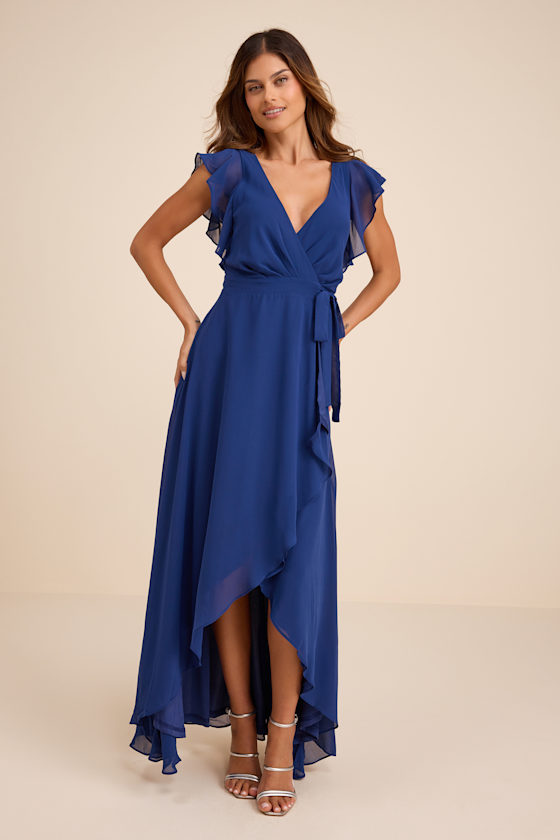 Ravishing Charm Dark Blue Ruffled Wrap High-Low Maxi Dress - thumbnail 4
