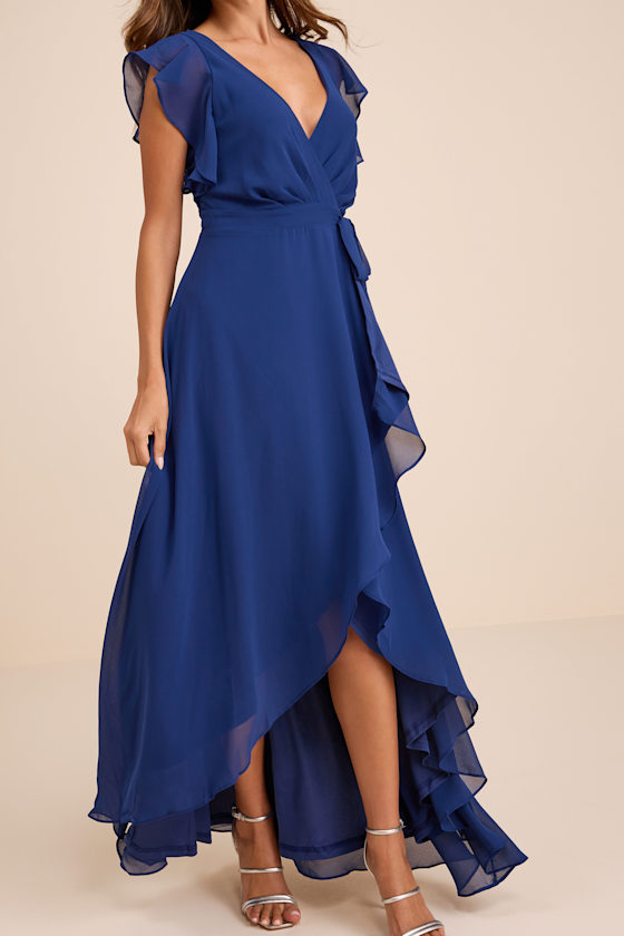 Ravishing Charm Dark Blue Ruffled Wrap High-Low Maxi Dress 3