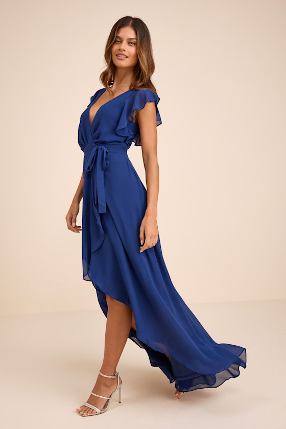 Ravishing Charm Dark Blue Ruffled Wrap High-Low Maxi Dress 5