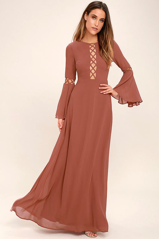 Lovely Rusty Rose Dress Long Sleeve Dress Maxi Dress