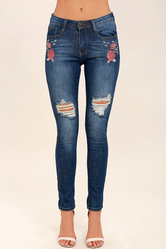 Flower Child Medium Wash Embroidered Distressed Skinny Jeans 2