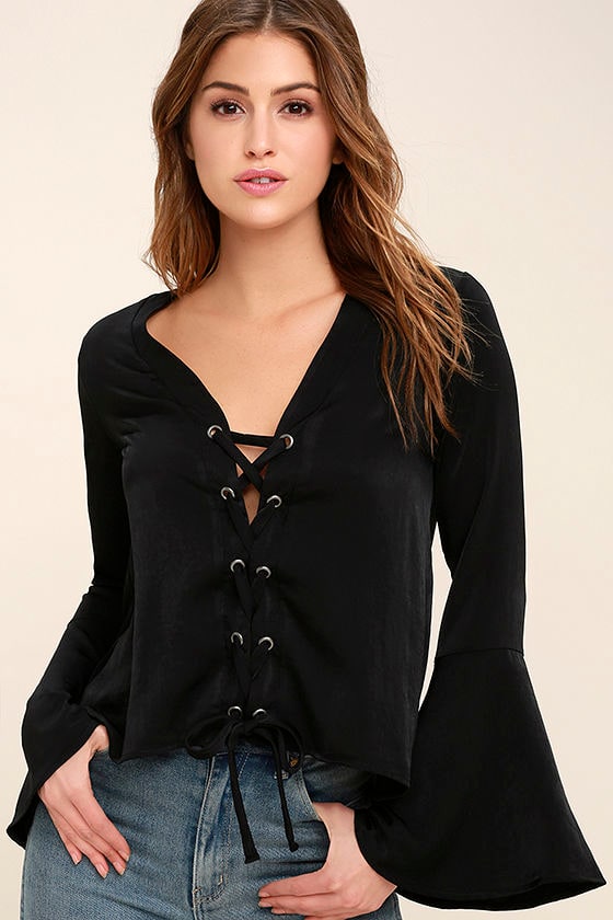 black lace up top long sleeve