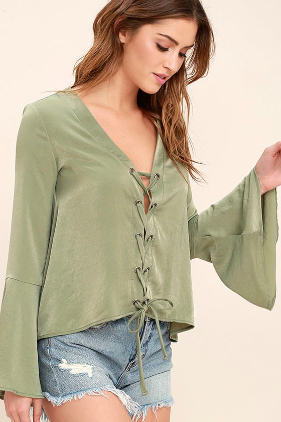 Lovely Sage Green Top - Long Sleeve Top - Lace-Up Top - Satin Blouse ...