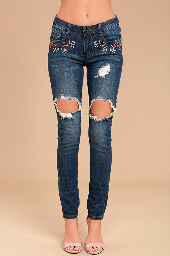 Fun Medium Wash Jeans Distressed Blue Jeans Embroidered Blue Jeans