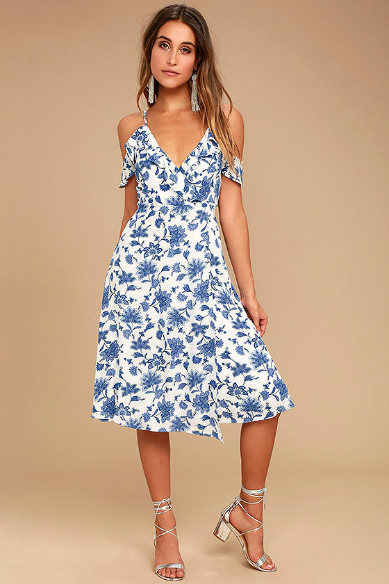 Arise Blue and White Floral Print Off-the-Shoulder Dress 2