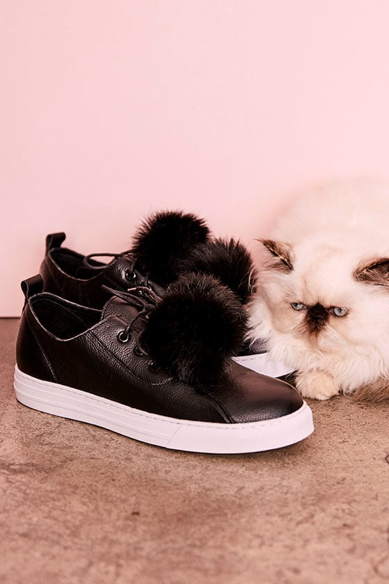 Dirty Laundry Fluffed Up Black Leather Pompom Sneakers