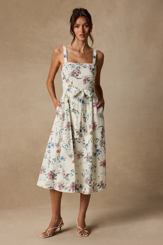 Image of Sunny Posture Ivory Floral Sleeveless Midi Dress
