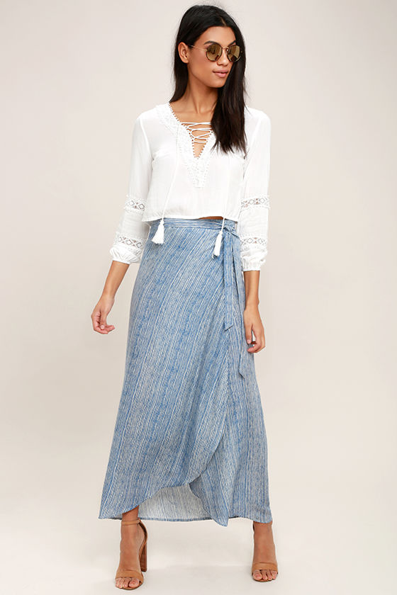 Anniversary White and Blue Striped High-Low Wrap Skirt 1