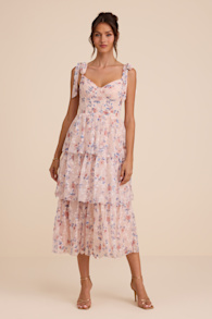 Flirtatious Radiance Blush Pink Floral Mesh Bustier Midi Dress 2