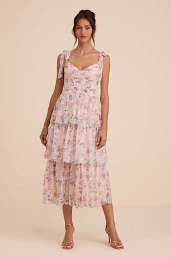 Flirtatious Radiance Blush Pink Floral Mesh Bustier Midi Dress 2