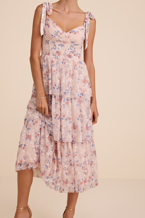 Flirtatious Radiance Blush Pink Floral Mesh Bustier Midi Dress 3