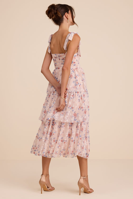 Blush Pink Floral Dress - Mesh Bustier Dress - Ruffled Midi Dress