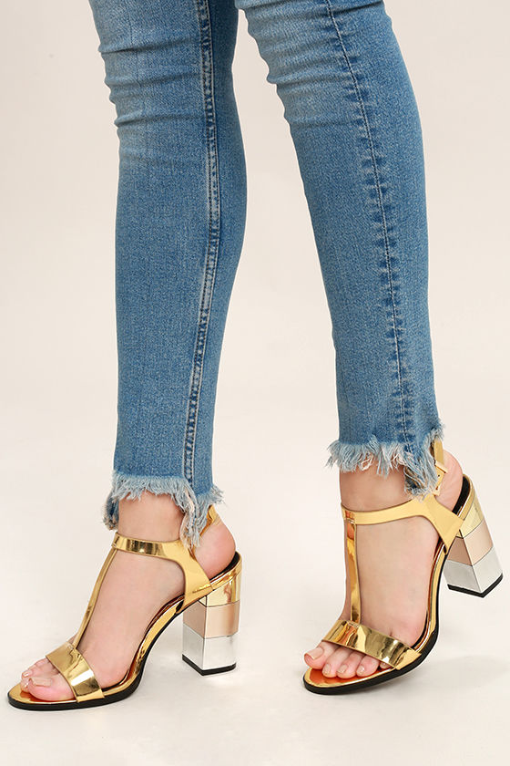black sandals with gold heel