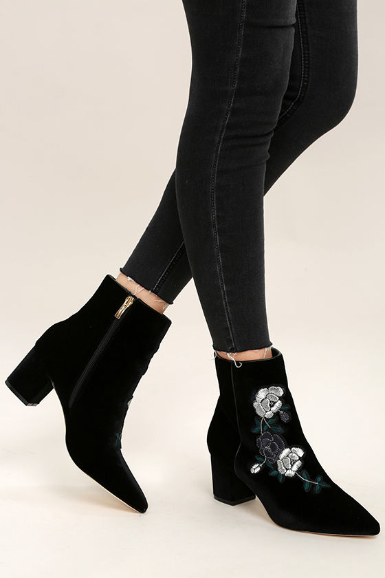 Steven by Steve Madden Brits - Black Velvet Booties - Embroidered Ankle Booties - Lulus