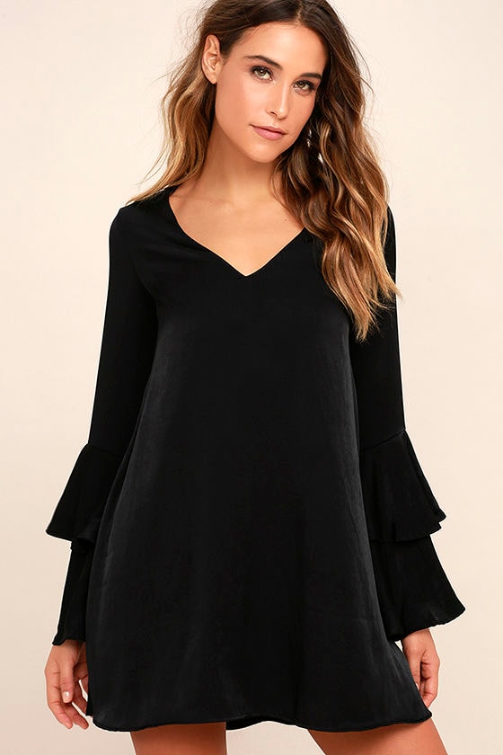 Lovely Black Dress - Shift Dress - Bell Sleeve Dress - Long Sleeve ...