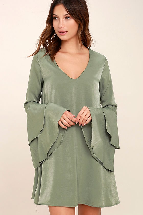Lovely Sage Green Dress - Shift Dress - Bell Sleeve Dress - Long Sleeve ...