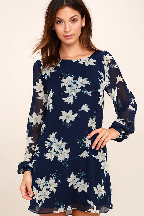 long sleeve floral shift dress