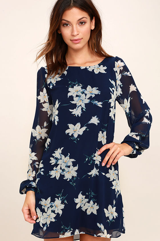 This Time Around Navy Blue Floral Print Long Sleeve Shift Dress