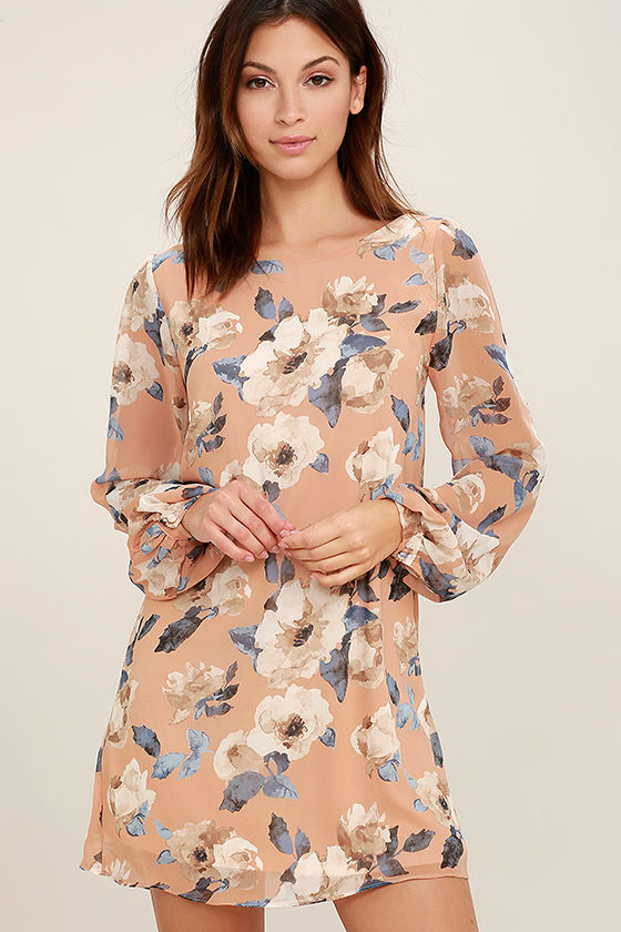 This Time Around Blush Floral Print Long Sleeve Shift Dress