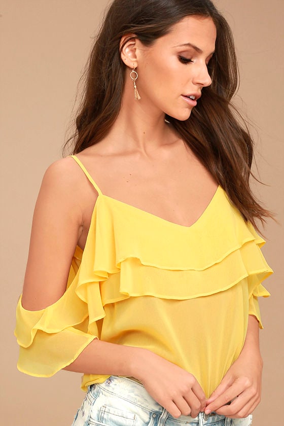 Yellow ruffle off the shoulder top cheap