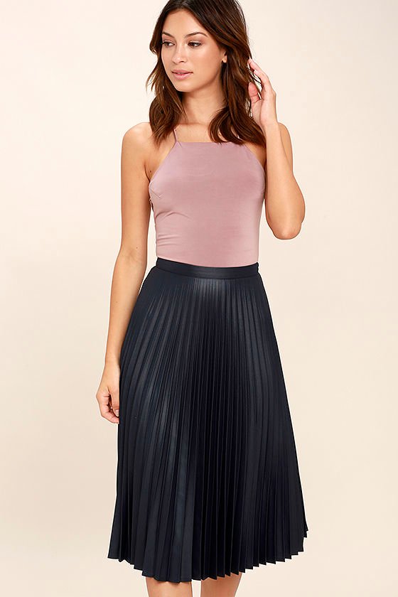Women's Floral Midi Skirt - High Waist A-Line, Navy Blue With Pink Flowers, Elastic Waistband, Semi-Sheer Overlay