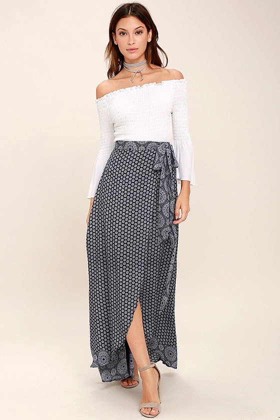 Boho Navy Blue Print Skirt - Maxi Skirt - Wrap Skirt - $48.00 - Lulus