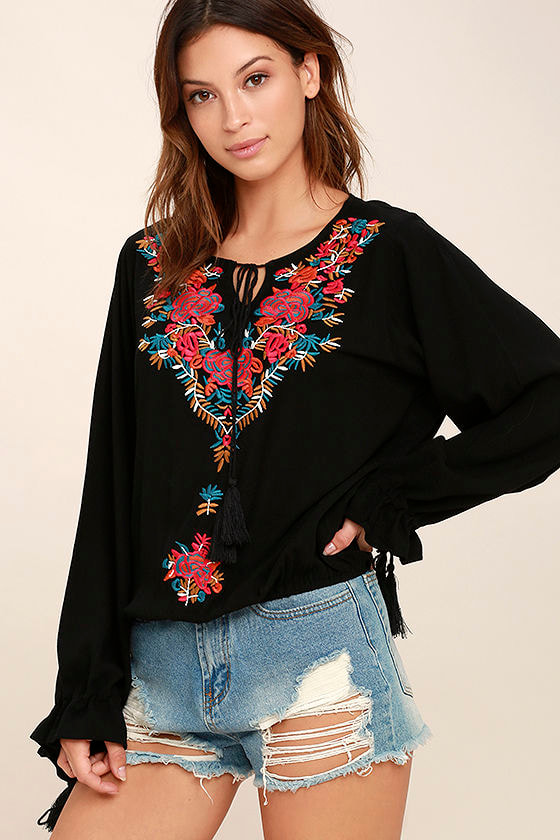 Merrymaking Black Embroidered Long Sleeve Top