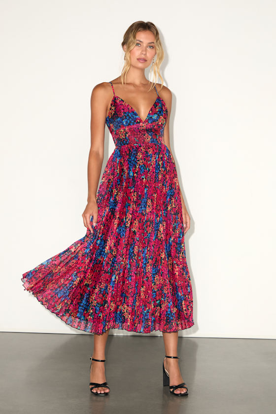Black Multi Floral Dress - Pleated Midi Dress - Floral Midi