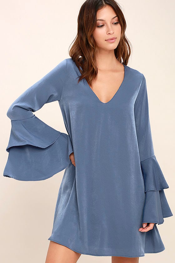 Lovely Denim Blue Dress - Shift Dress - Bell Sleeve Dress - Long Sleeve ...