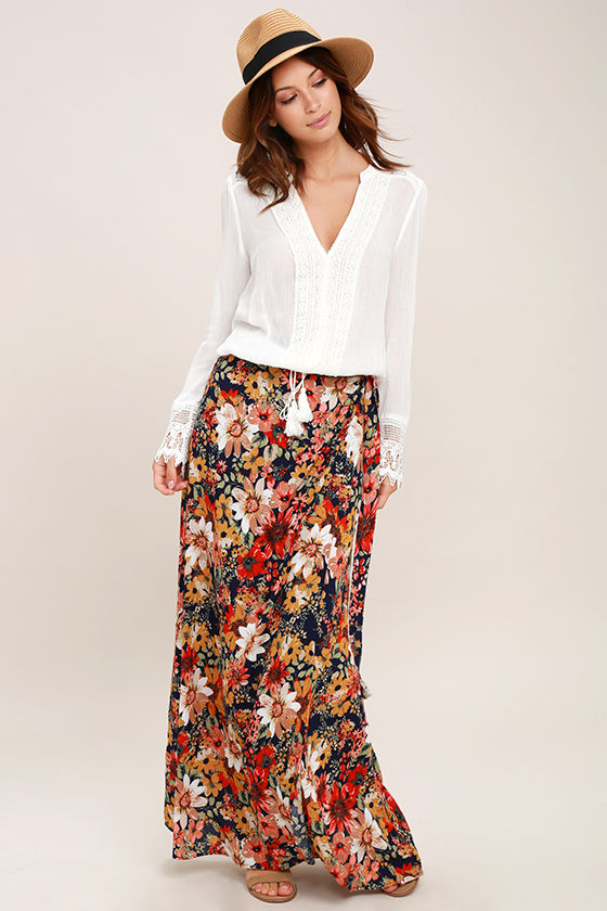 Dreambound Maxi Skirt in Navy with Blue Floral