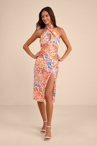 Bold Presence Orange Multi Floral Satin Halter Midi Dress 2
