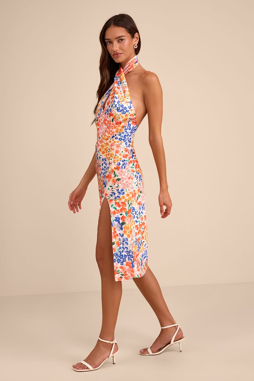 Bold Presence Orange Multi Floral Satin Halter Midi Dress Bold Presence Orange Multi Floral Satin Halter Midi Dress