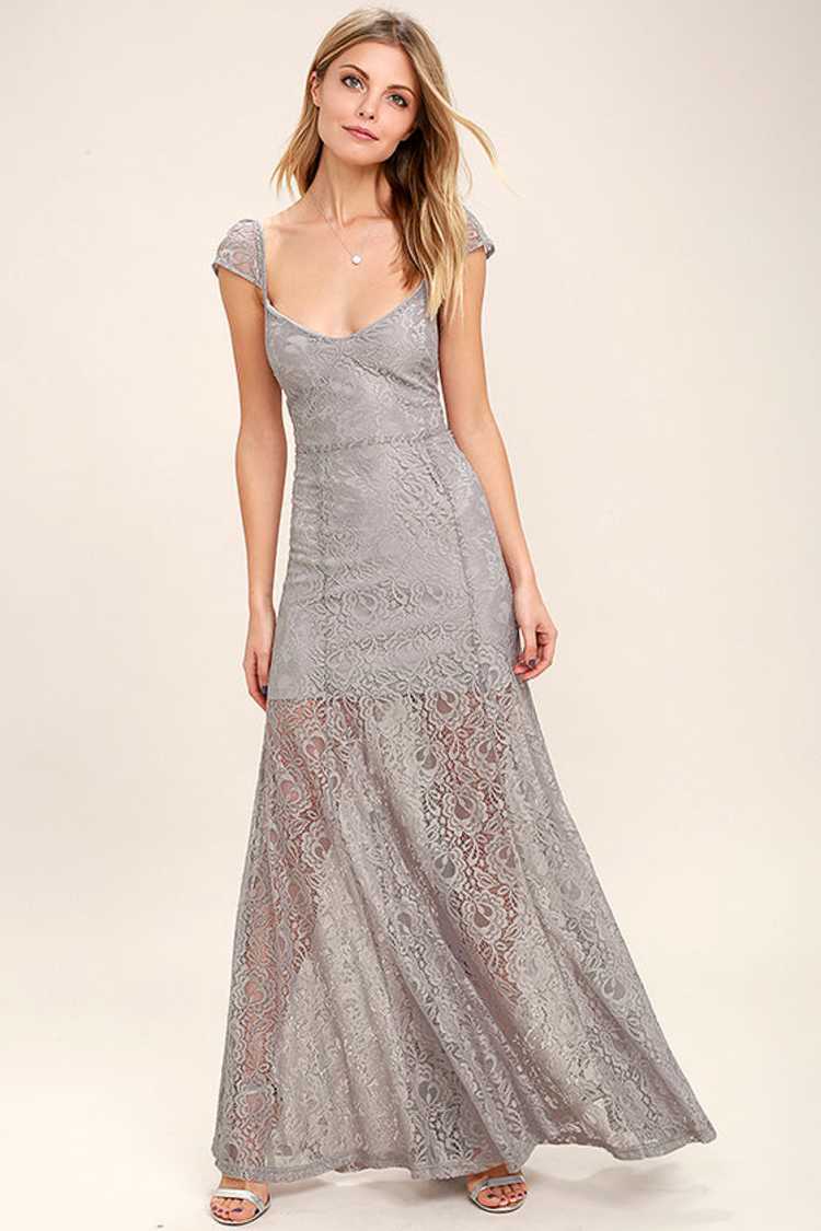 knee length dresses for ladies Cute V Neck Ruffle Grey Lace Prom Dress, Gray Lace Homecoming Dress, S –  abcprom main image 1